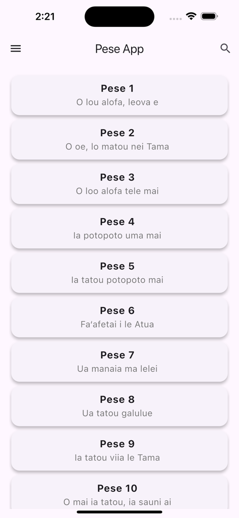 Pese App - List of Samoan hymns in the Pese App digital hymn book