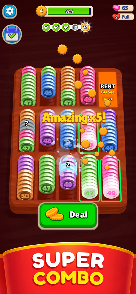 A gameplay screenshot of Pocket Sort showing stacks of colorful coins being merged on a wooden tray with a super combo notification.