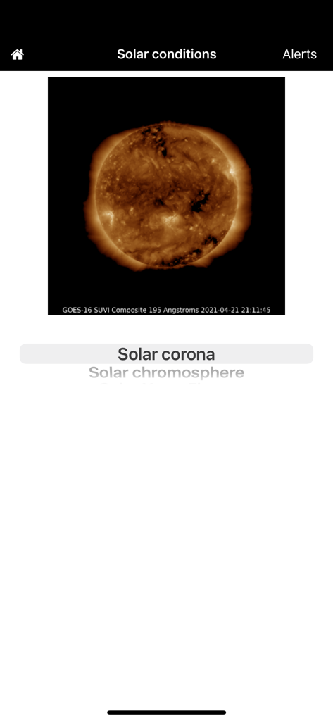 ARMAS - ARMASアプリのインターフェース。リアルタイムの太陽コロナ画像と宇宙天気状況を表示。