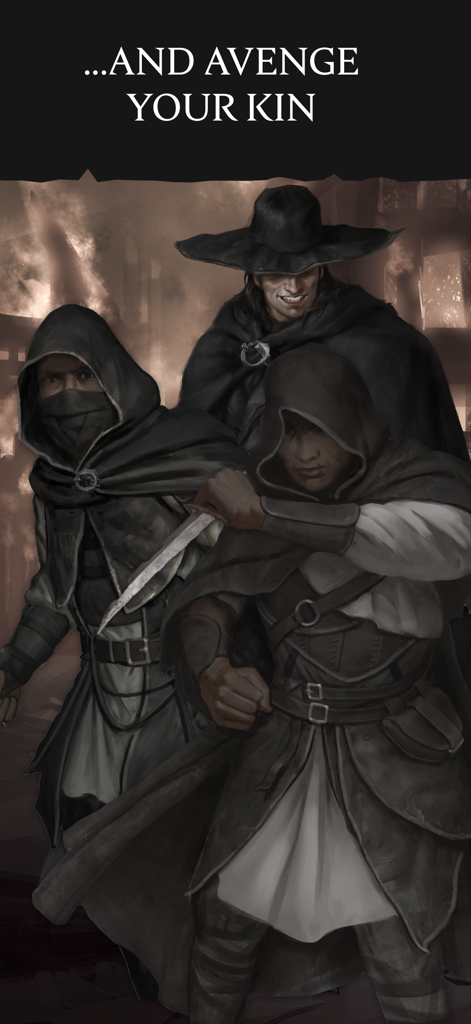 Three hooded characters in dark clothing standing together under the text and avenge your kin