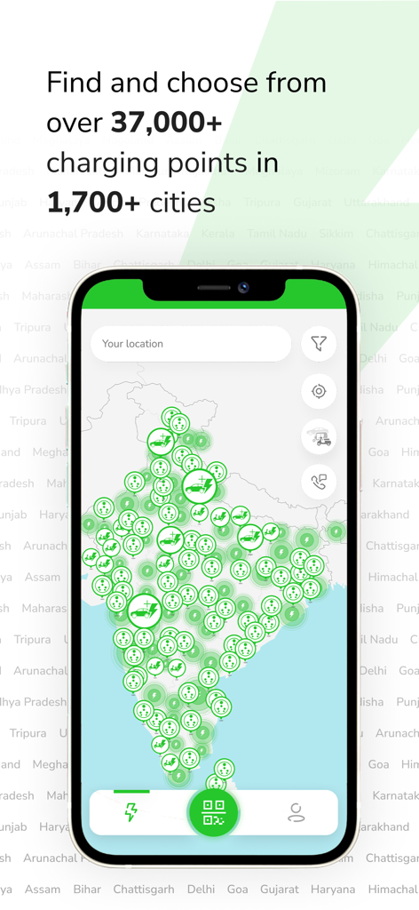 Un mapa de la India que muestra más de 37.000 puntos de carga de vehículos eléctricos dentro de la aplicación móvil Bolt Earth
