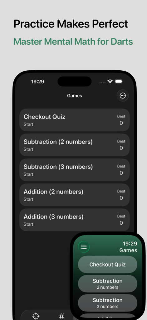 Darts Checkout Scorer Pro Kopfrechen-Training und Checkout-Quiz-Oberfläche auf iPhone und Apple Watch