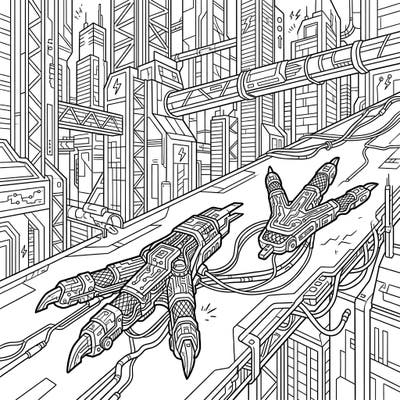 Step into a dazzling, futuristic world with our unique Cyberpunk Turkey Tracks coloring page. This intricate design blends natural turkey footprints with high-tech circuitry and a sprawling dystopian city, offering an exhilarating creative challenge.