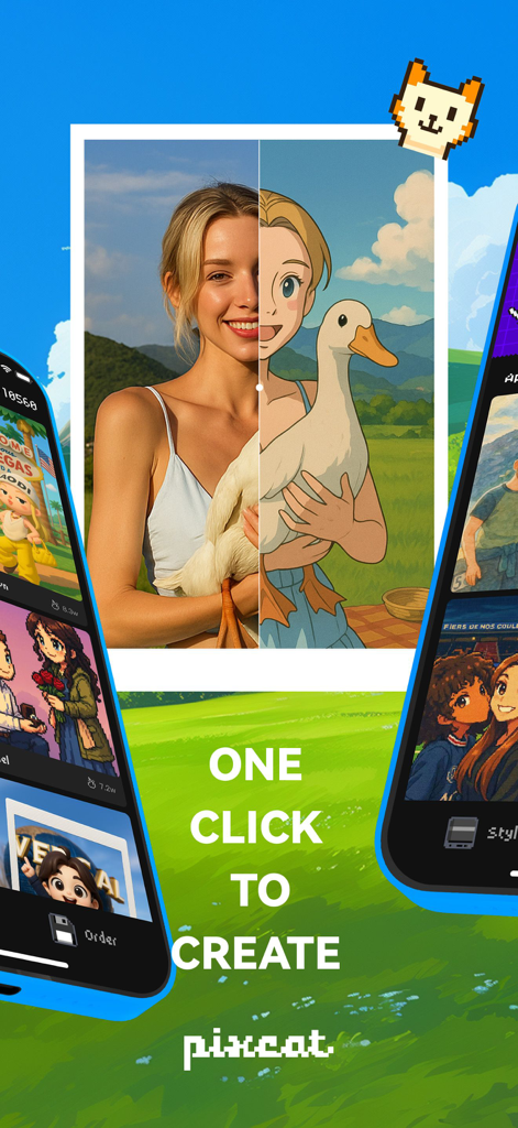 Pixcat – AI for Photo & Meme - Comparison of a real photo and its AI-generated anime version featuring a woman holding a goose with the text One Click to Create.