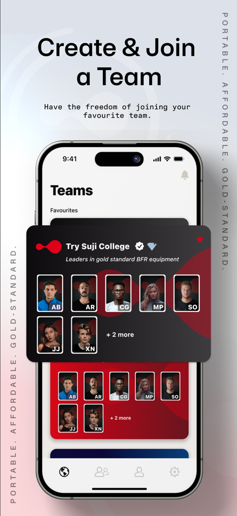 Suji Teams mobile app interface showing team management and athlete profiles