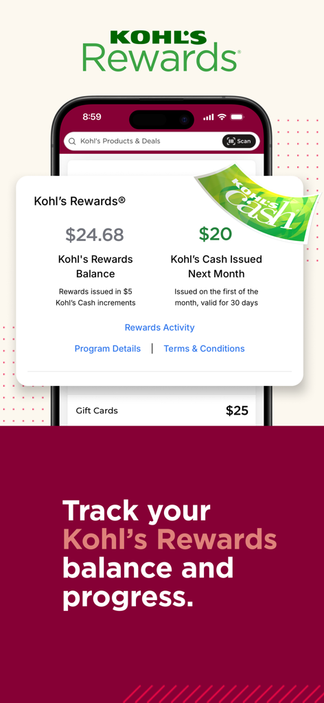 Capture d'écran de l'interface de l'application Kohl's montrant un solde de récompenses de 24,68 dollars et de l'argent Kohl's à venir