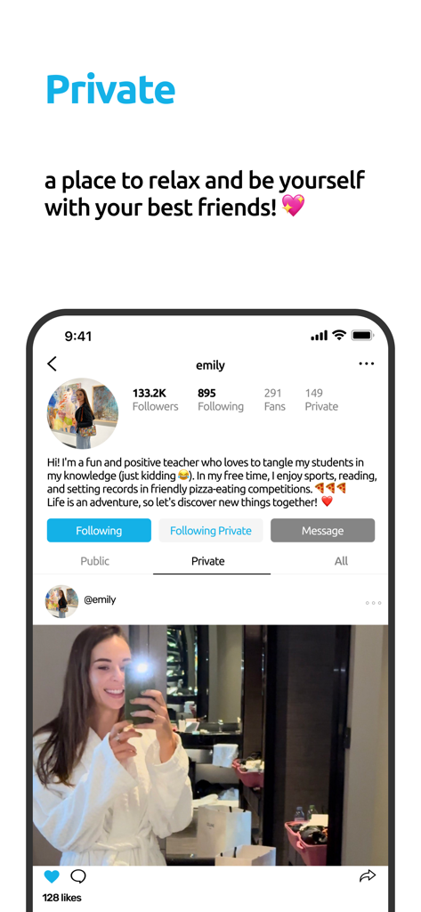 Your Fans - A screenshot of the Your Fans app showing a user profile with a private content feed and personal bio.