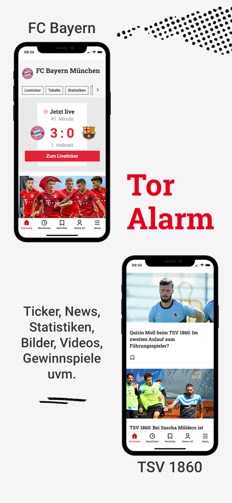 Abendzeitung München - Abendzeitung Muenchen app interface showing FC Bayern and TSV 1860 sports news