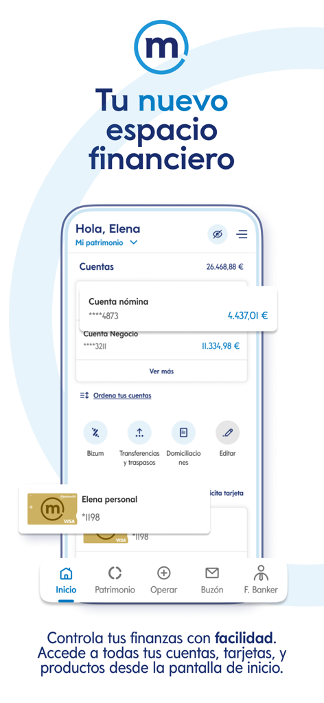 Banco Mediolanum España - Pantalla de inicio de la aplicación móvil de Banco Mediolanum mostrando saldos de cuentas personales e información de tarjetas de crédito