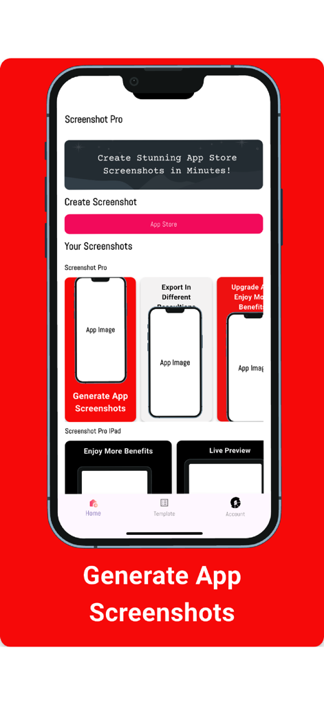 Screenshot Pro - App Designs - The home screen of the Screenshot Pro app featuring templates for creating professional App Store screenshot mockups.