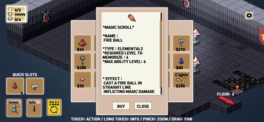 SFD : ROGUE TRPG - Interfaz de tienda de arte de píxeles isométrico en SFD ROGUE TRPG mostrando los detalles del pergamino mágico Bola de Fuego