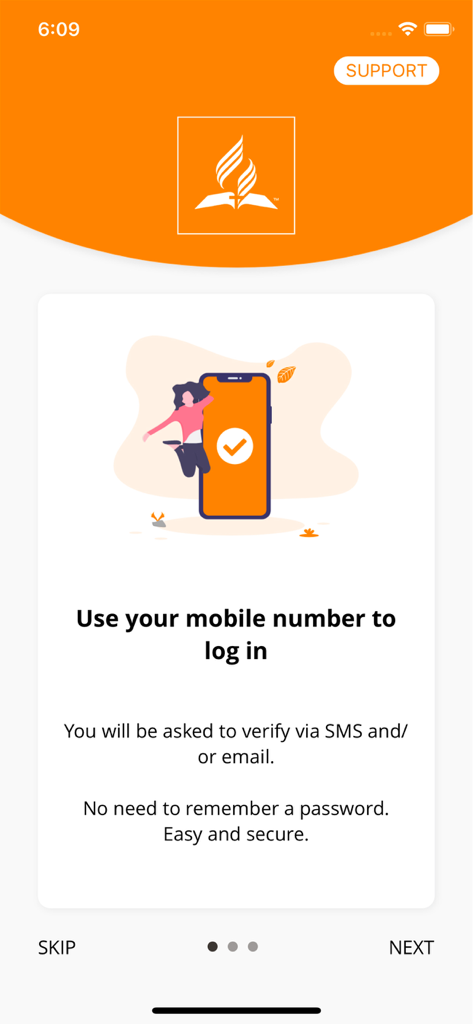 eGiving app onboarding screen showing a mobile number login option for the Seventh day Adventist Church