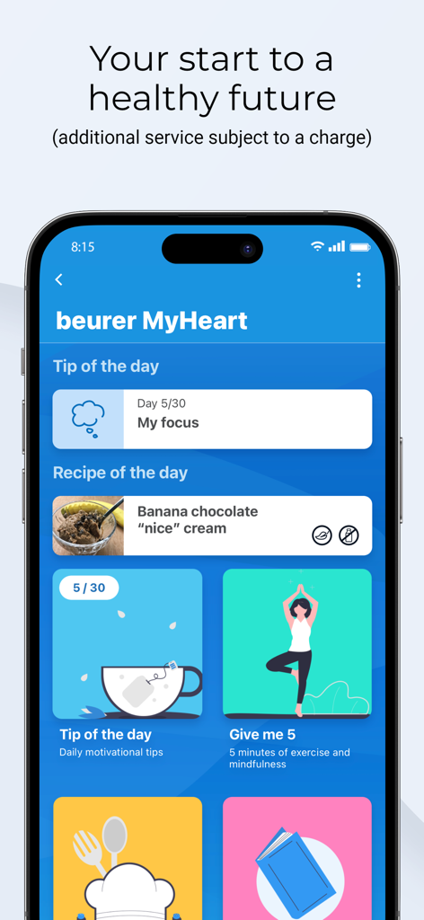 beurer HealthManager Pro - Pantalla MyHeart de Beurer HealthManager Pro que muestra consejos diarios de bienestar, recetas y sugerencias de ejercicios de atención plena