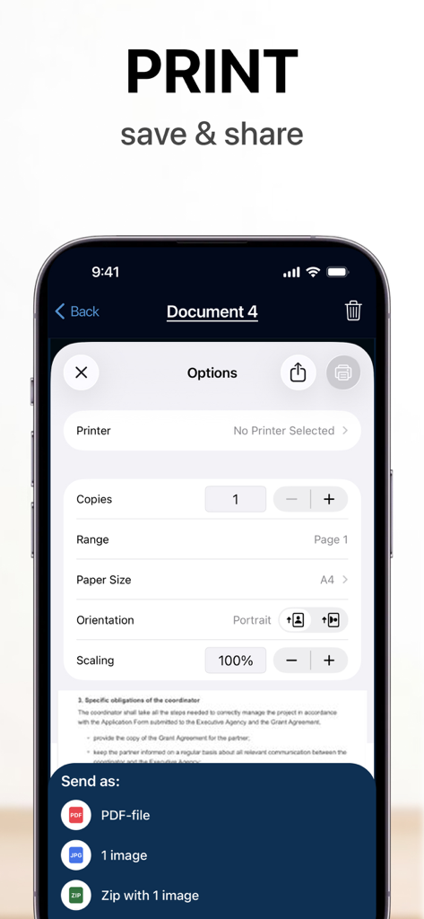 Scan photo to PDF & Sign Docs - Interfaccia di un'app mobile per la stampa e la condivisione di documenti scansionati come file PDF o ZIP.
