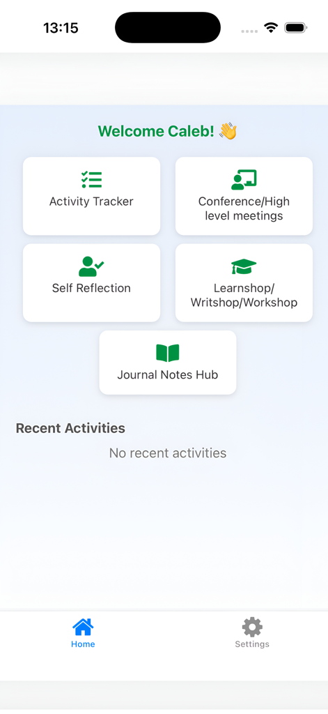 ALiVE CONNECT App - Home screen of ALiVE CONNECT App with activity tracker and reflection tools