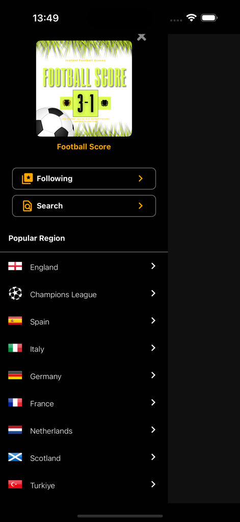 Football Score Live - 축구 라이브 스코어 앱의 메인 메뉴로 잉글랜드, 챔피언스 리그 등 전 세계 축구 리그 옵션 표시