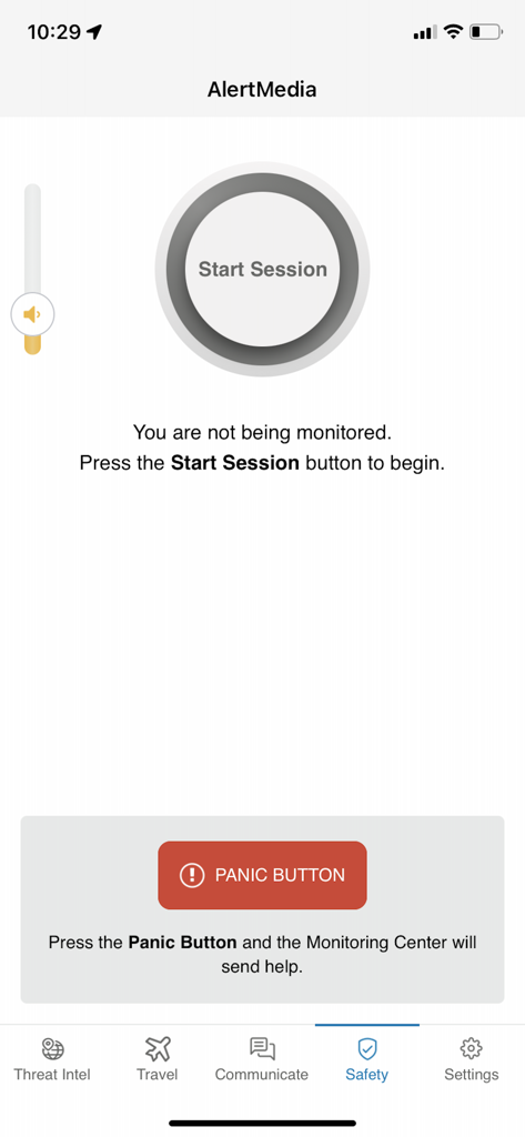 AlertMedia - The safety screen of the AlertMedia app featuring a start session button and an emergency panic button.
