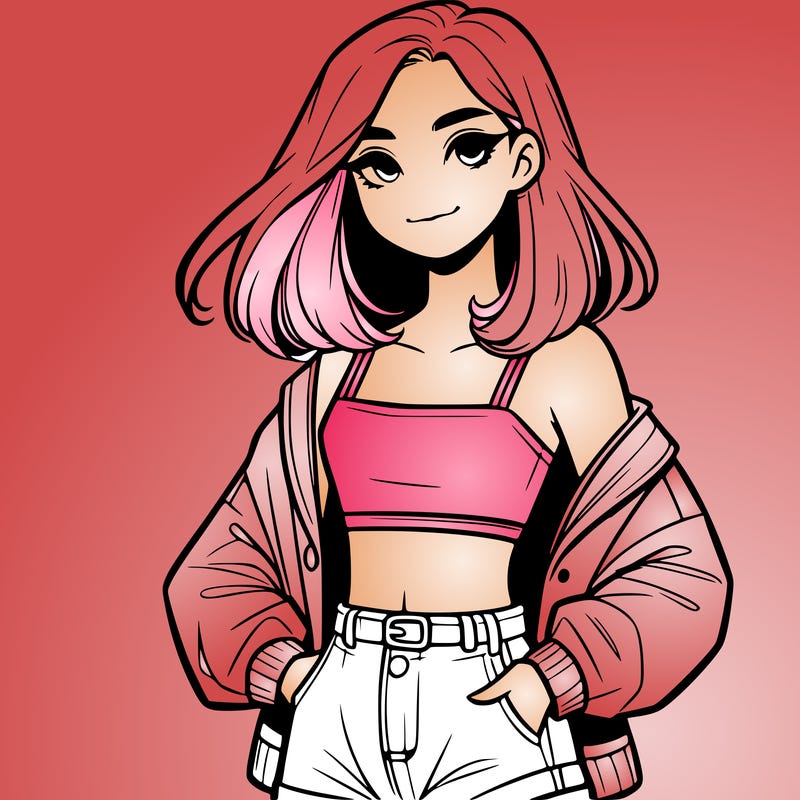a realistic girl with a crop top and short shorts in an open jacket
