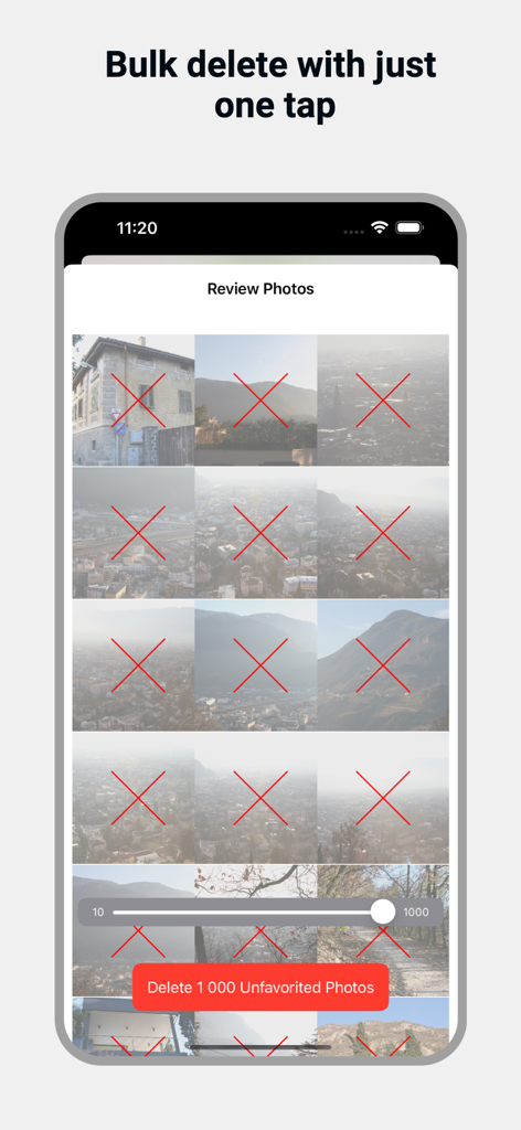 Interface of Deleter app showing a grid of photos marked for deletion with a button to bulk delete 1000 unfavorited images.