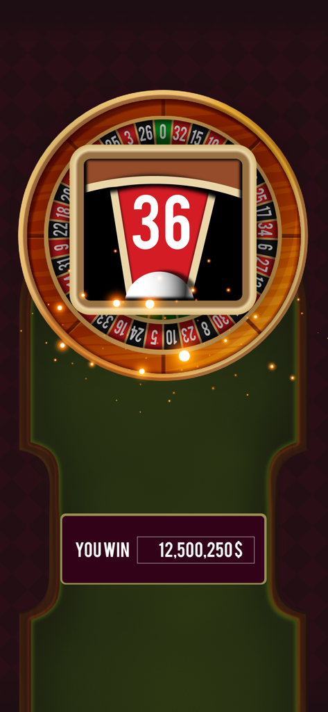 Roulette Casino - Wheel Spin - Ein Roulette-Rad, das auf der Nummer sechsunddreißig landet, mit einer großen Gewinnbenachrichtigung auf dem Bildschirm