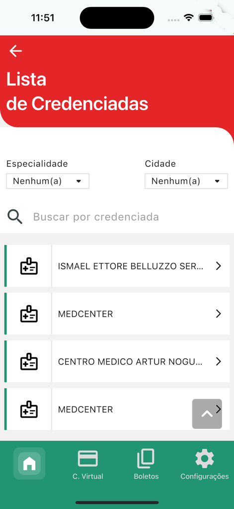 Saúde Beneficência - Pantalla de búsqueda de la app Saúde Beneficência que muestra una lista de centros médicos concertados con filtros de especialidad y ciudad.