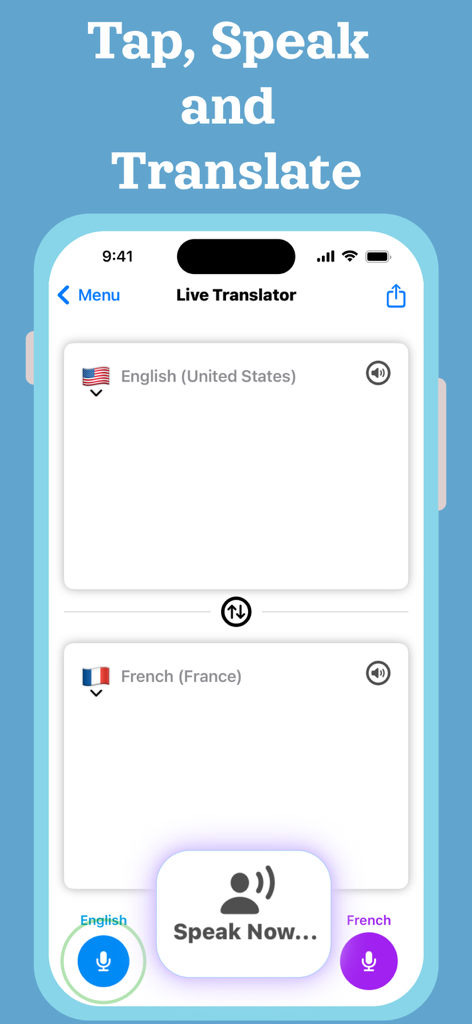 Interfaz de la aplicación Live Voice Translator mostrando traducción de inglés a francés con botón de hablar ahora