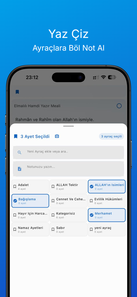 Kuran Analiz 2026 - Interface móvel do Análise do Alcorão 2026 mostrando categorização de versículos e recursos de marcação.