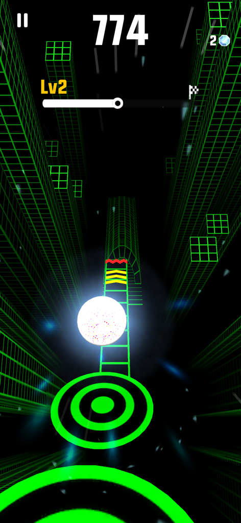 Ein leuchtender Ball rollt auf einer 3D-neon-grünen Gitterbahn im Slope Run Game