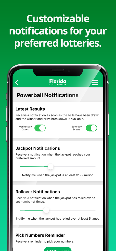 Customizable notification settings for Powerball results and jackpot alerts in the Florida Lotto Results app