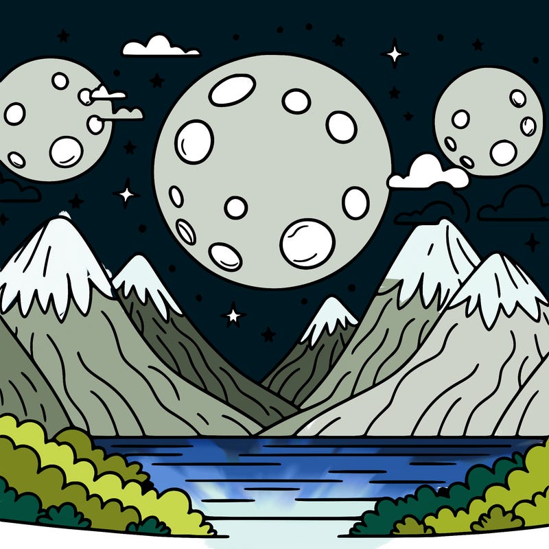 moons and mountains with a lake