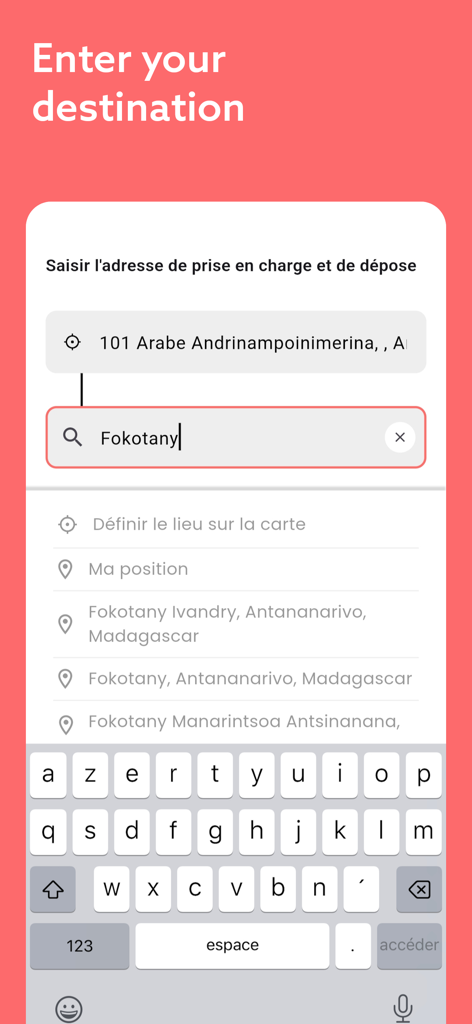 Misy - Interfaz de la aplicación Misy para introducir las direcciones de recogida y destino
