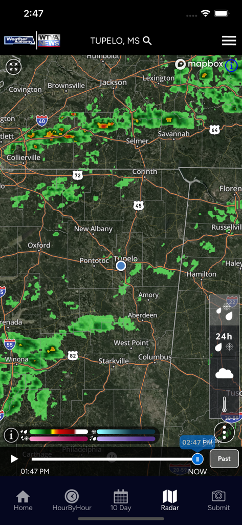 WTVA Weather app high resolution radar map showing precipitation over Tupelo Mississippi