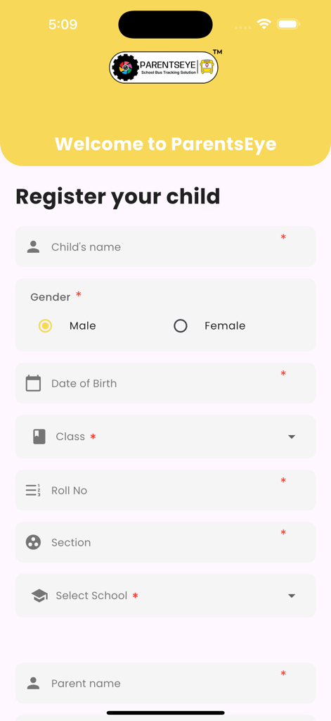 ParentsEye Parent - Child registration form in the ParentsEye app with fields for name, gender, school, and class details