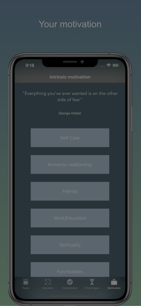 Step out of your comfort zone - Intrinsic motivation screen of the Step Out of Your Comfort Zone app showing life categories and a quote about fear