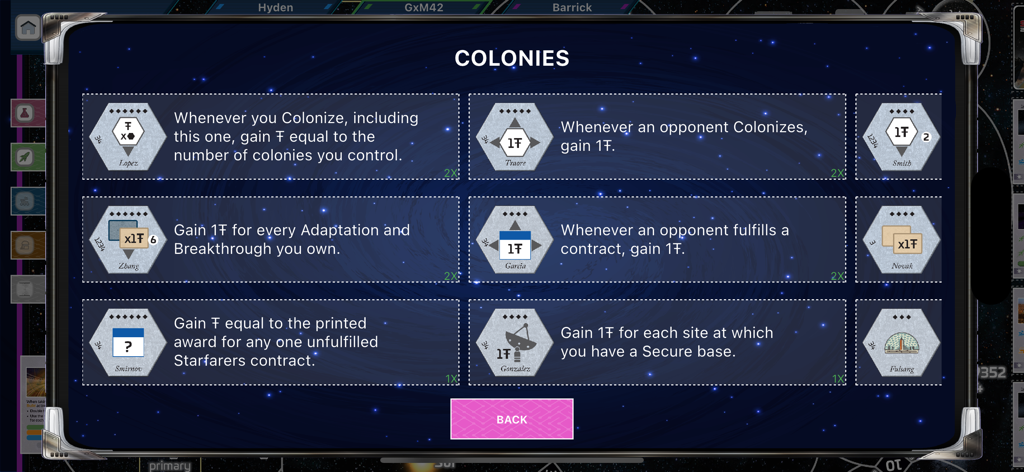 SpaceCorp - SpaceCorpモバイルゲーム画面、宇宙探検のための戦略的ルールとボーナスを表示する「コロニー」メニューを表示