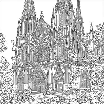 Step into a world of intricate beauty with this stunning adult coloring page featuring a grand gothic cathedral transformed for Easter. Discover charming bunnies, decorated eggs, and delicate spring blossoms nestled within its magnificent architecture, offering hours of mindful coloring.