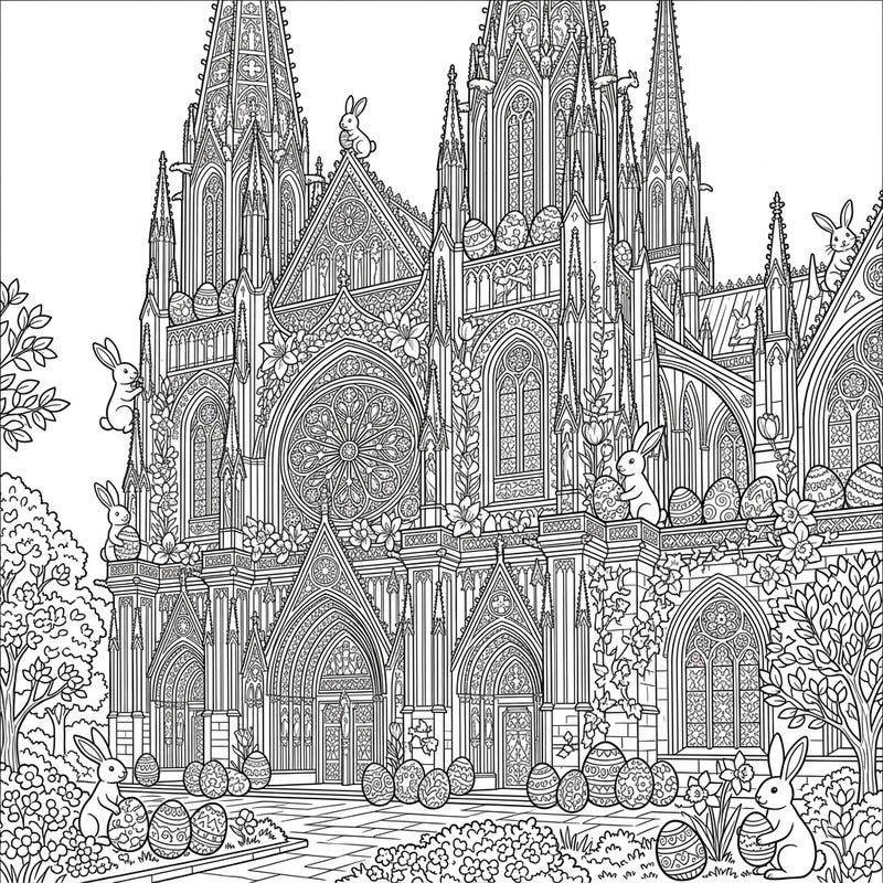 Step into a world of intricate beauty with this stunning adult coloring page featuring a grand gothic cathedral transformed for Easter. Discover charming bunnies, decorated eggs, and delicate spring blossoms nestled within its magnificent architecture, offering hours of mindful coloring.