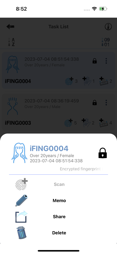 iFING Scanner - A task list in the iFING Scanner app showing saved biometric records and a pop-up menu with management options like share and delete.