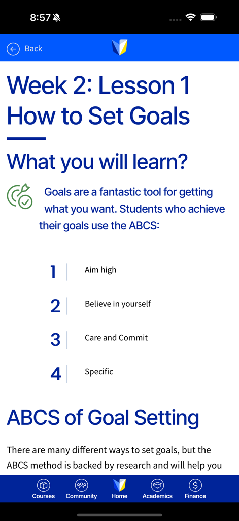 Tela do aplicativo DeVry University exibindo uma aula sobre como definir metas usando o método ABCS.