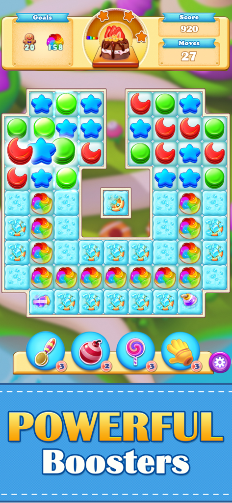 Dream Match - Fun Puzzle Games - Gameplay screenshot of Dream Match showing a match-three puzzle board with colorful tiles and powerful boosters like bombs and lollipops.