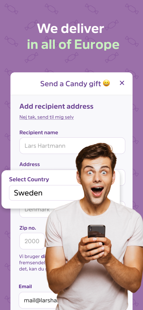 CandyExpress Candy app - Mobile app screen showing the address form for shipping candy gifts across Europe
