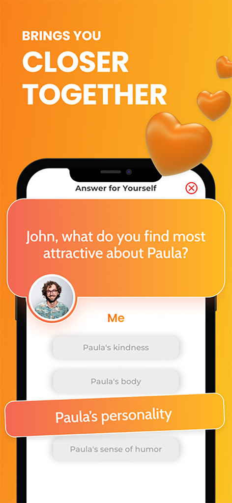 Couple Game App-Oberfläche, die eine Beziehungsquizfrage zur Anziehung zeigt