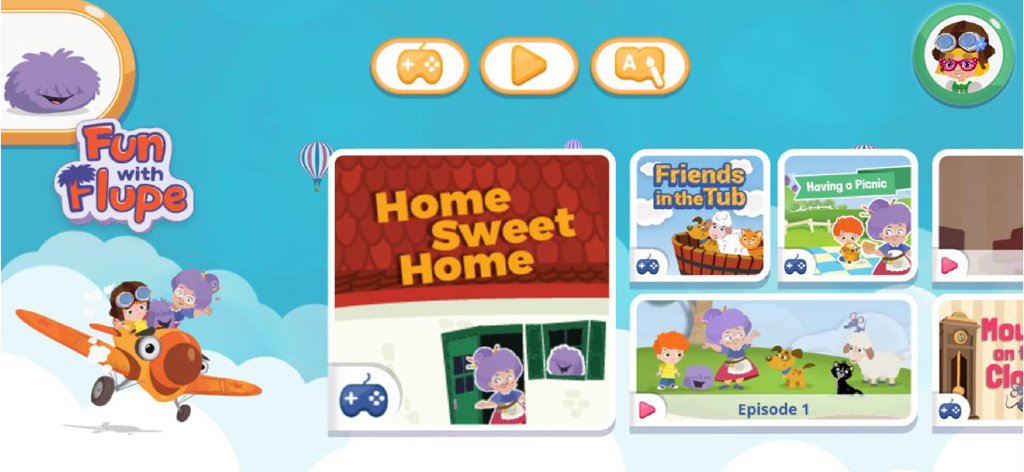 Kangi Club - English For Kids! - Pantalla de inicio de la aplicación Kangi Club que muestra juegos de aprendizaje de inglés y episodios de dibujos animados para niños