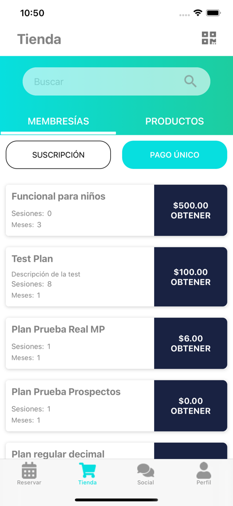FITCO app store interface showing gym membership plans and subscription options