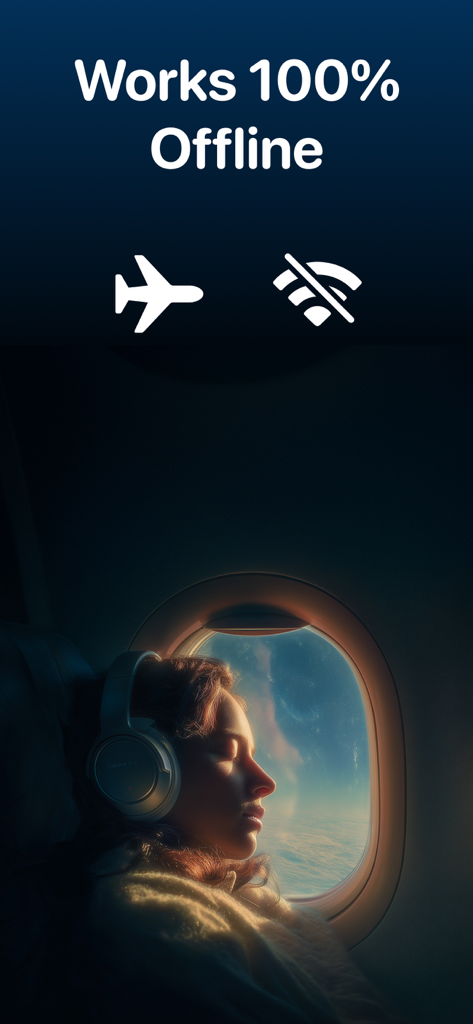 A woman sleeping on an airplane wearing noise canceling headphones with text indicating the app works offline