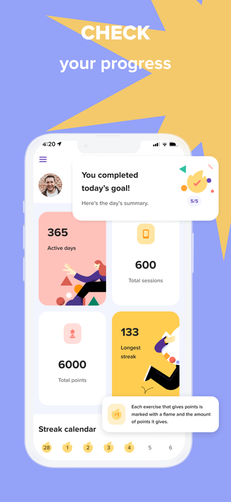 Speakly app dashboard showing language learning progress statistics and daily goals