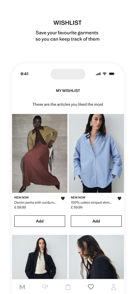 MANGO - Online fashion - Mango online fashion app wishlist screen with saved clothing items
