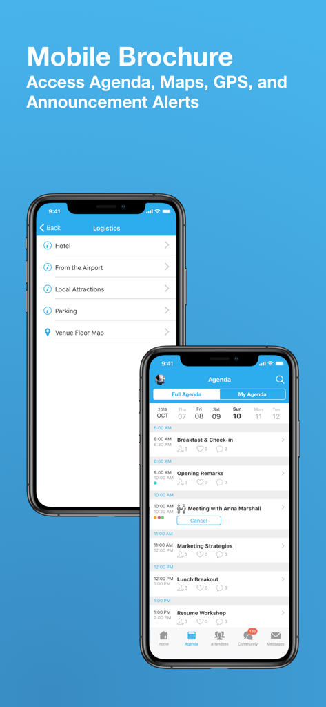 Schermate dell'app mobile che mostrano l'agenda della conferenza e il menu della logistica