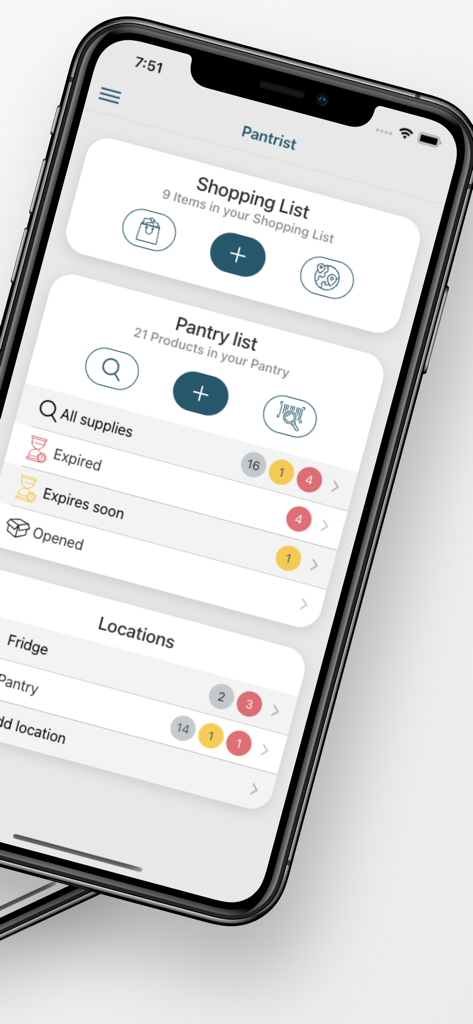 Pantrist - Shopping & Pantry - Smartphone screen showing the Pantrist app dashboard with shopping and pantry inventory lists