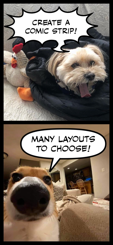 Comic Caption Meme Maker Lite - A two-panel comic strip featuring dogs with authentic comic book speech bubbles.